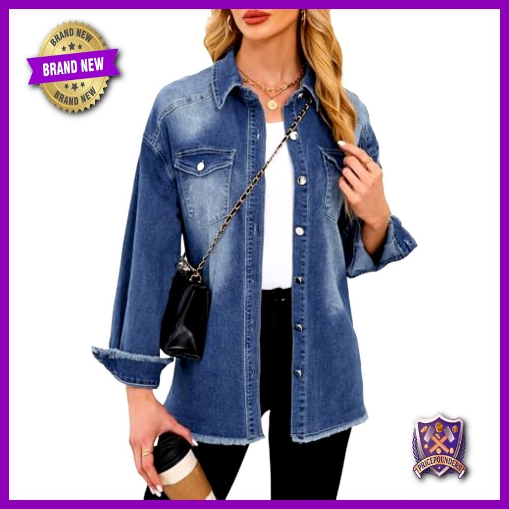 Oversized Denim Shacket Button Down Frayed Hem Casual Long Sleeve Jacket - Picture 2 of 7